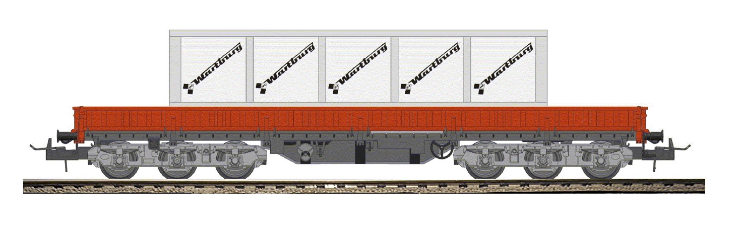 DR SchwerlastWg Sas4850 Ep4 dunkelbraun/schwarz, beladen mit Transportkiste IFA Wartburg