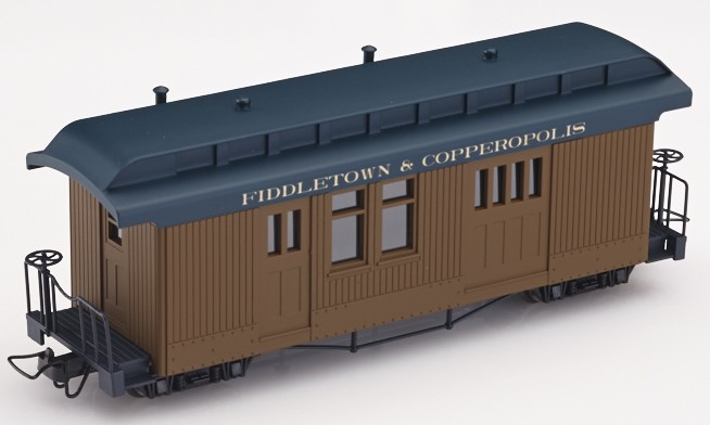 US F&C 4-achs Gepäckwagen H0e 9mm, braun/schwarz, mit Aufschrift Fiddletown & C