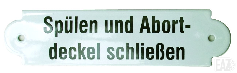 Schild "Spülen und Abortdeckel schließen", Emaille-Blechschild, 20 x 5cm