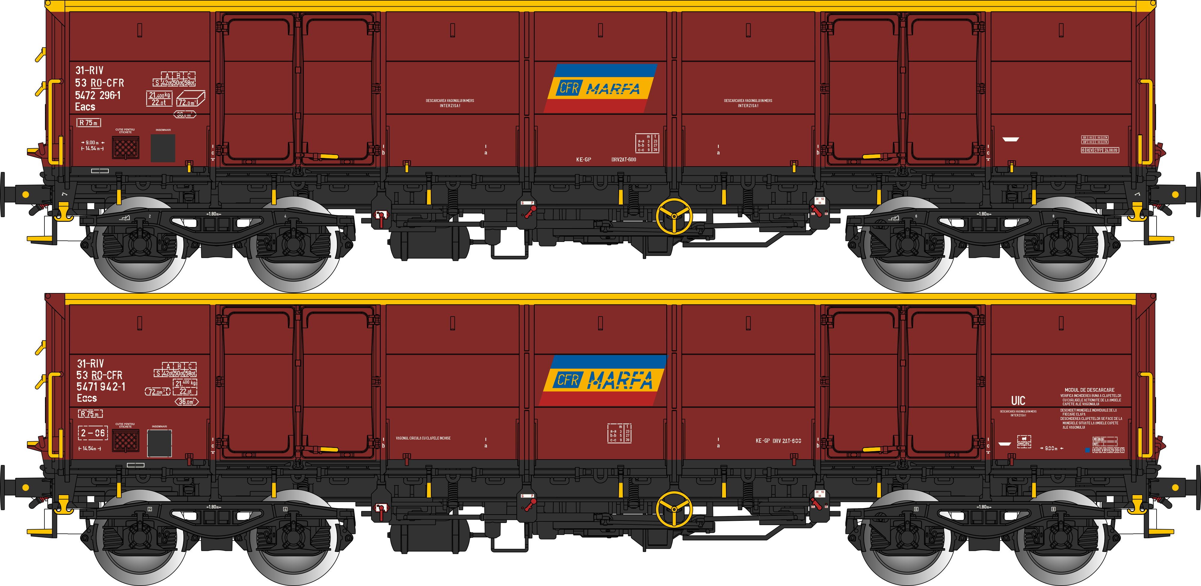 RO-CFR Set 2x off. Güterwagen Ep.6, braun, 4-achsig, Gattung Eacs, RIV, Betr.-Nr