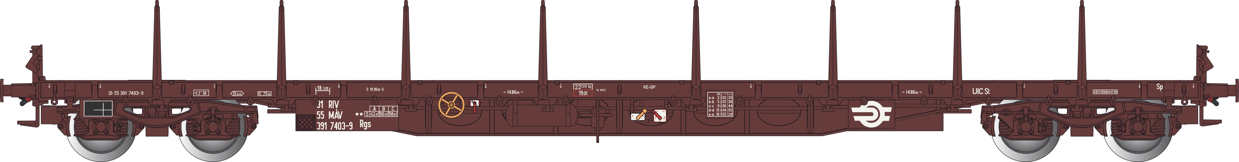 MAV Rungenwagen braun Ep.5 4-achsig, Gattung Rgs, RIV, UIC