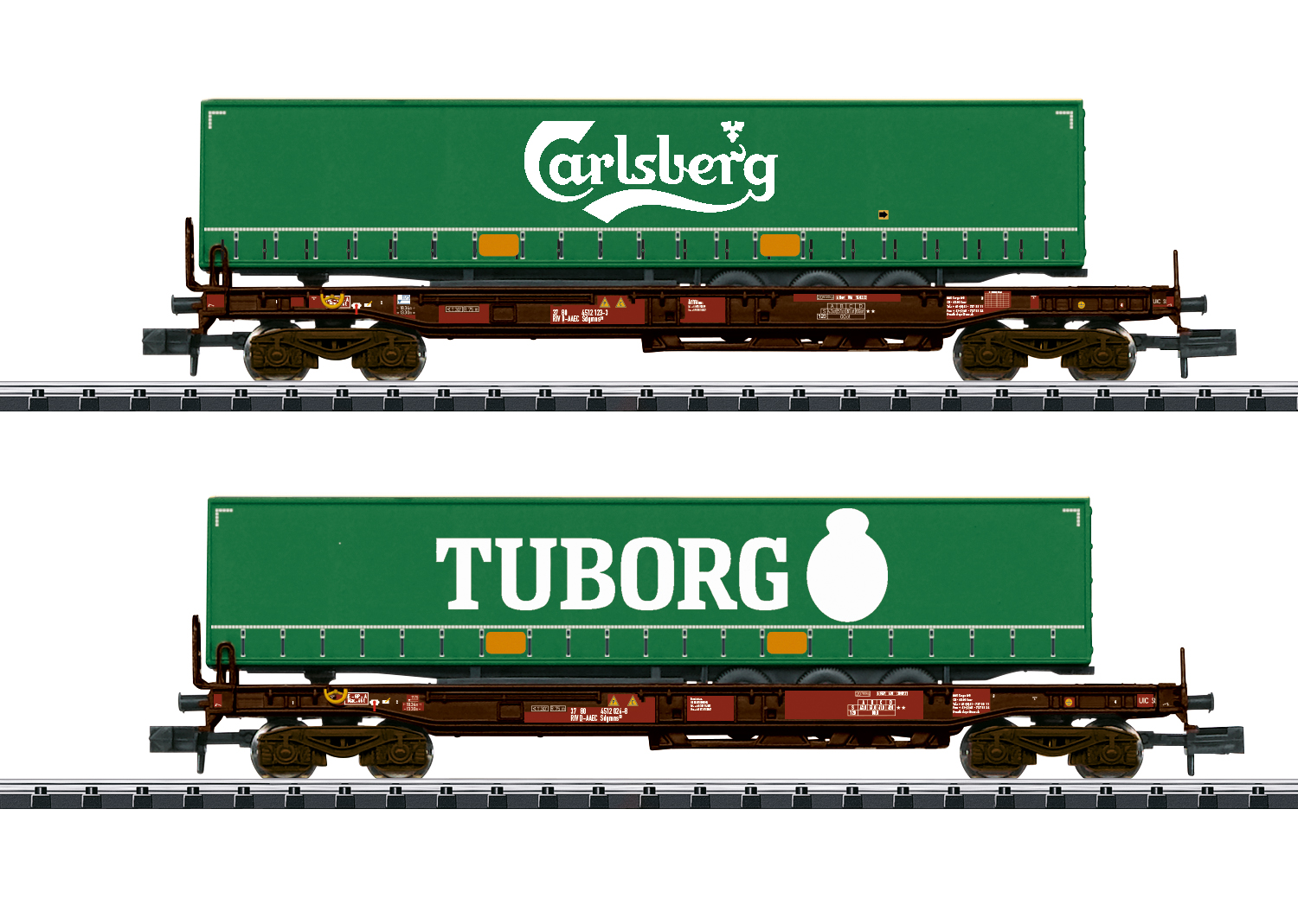 AAE Containertragwagenset 2tlg. Ep.VI beladen mit 2 LKW Aufliegern Tuborg