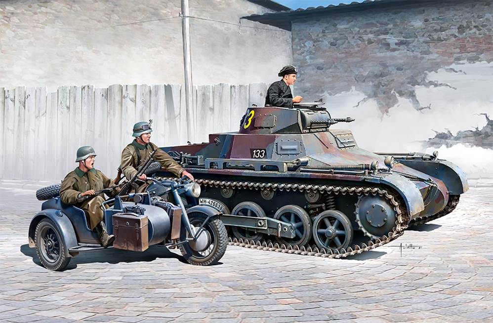 1:35 Deutscher Panzer I + Motorrad mit Beiwagen