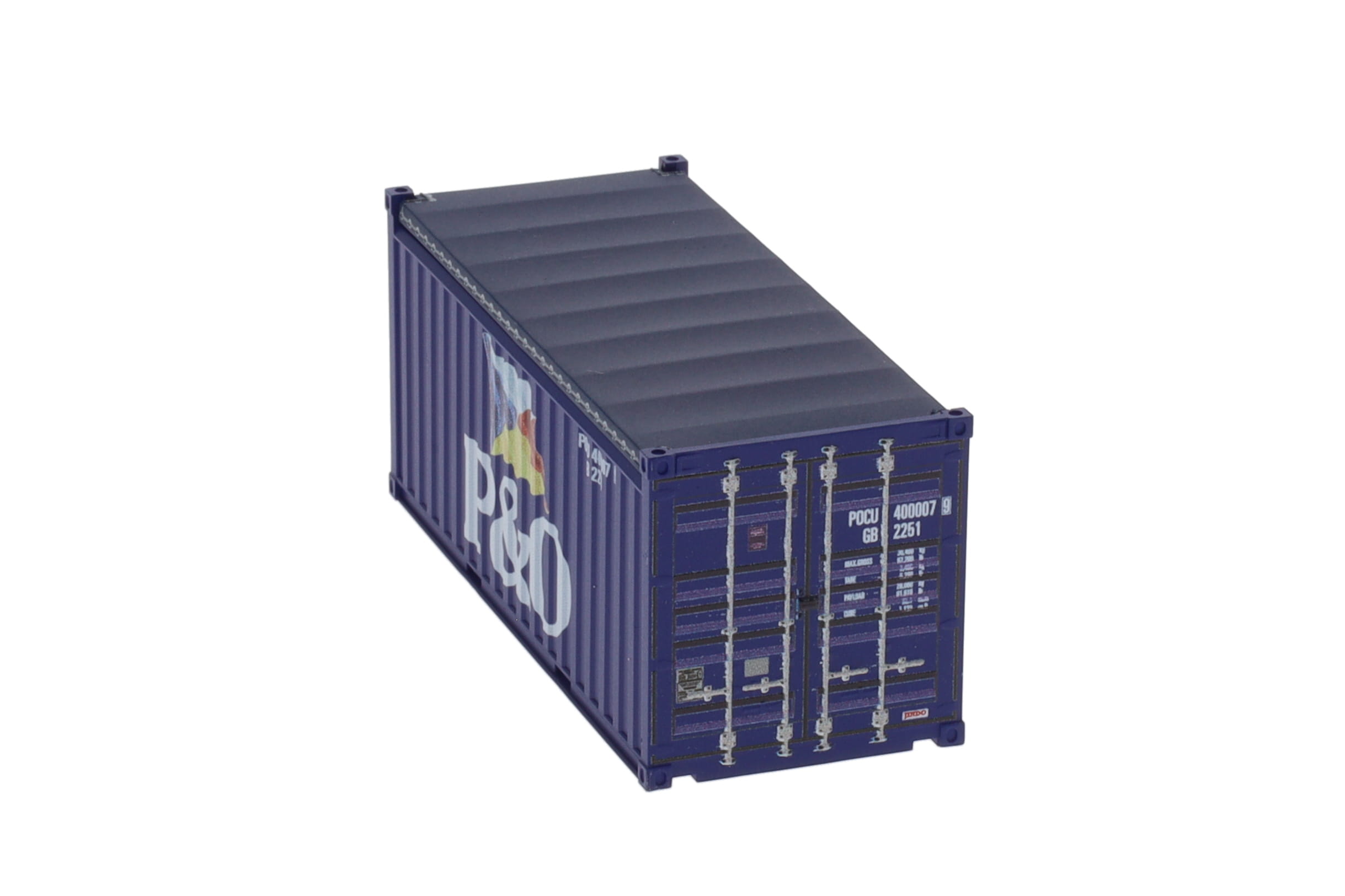 1:87 20´OT Container P&O blau altes Logo, Ct20´ Open-Top (GB 2251) mit blauem Planendach, Behälternummer: POCU 400007