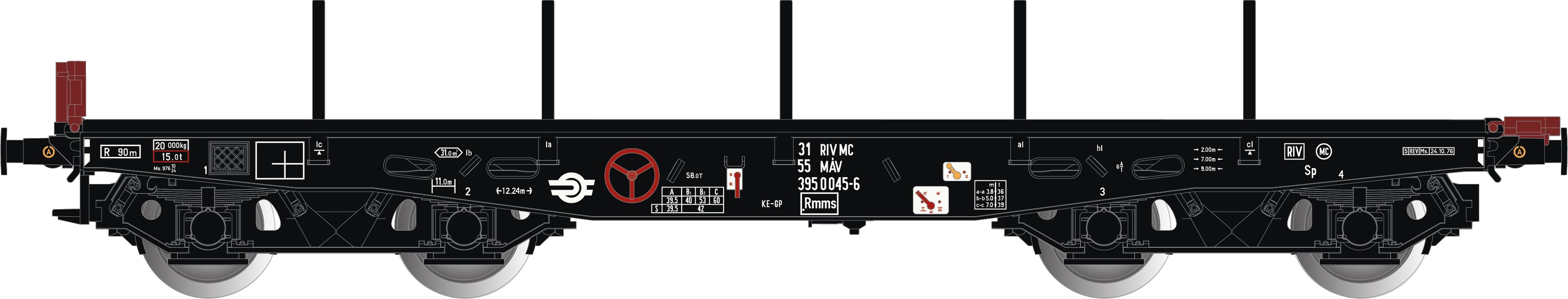 MAV Rmms Flachwagen Ep4 schwarz, RIV, MC, Schwerlastwagen mit Rungen