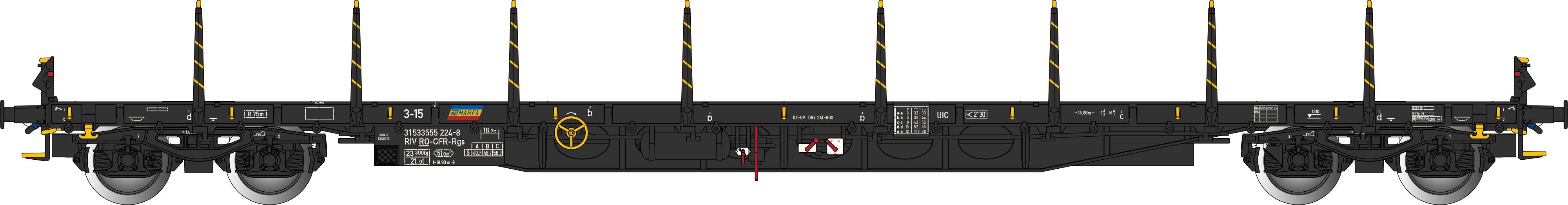 CFR Rungenwagen schwarz Ep.6 "MARFA", 4-achsig, Gattung Rgs, RIV, UIC