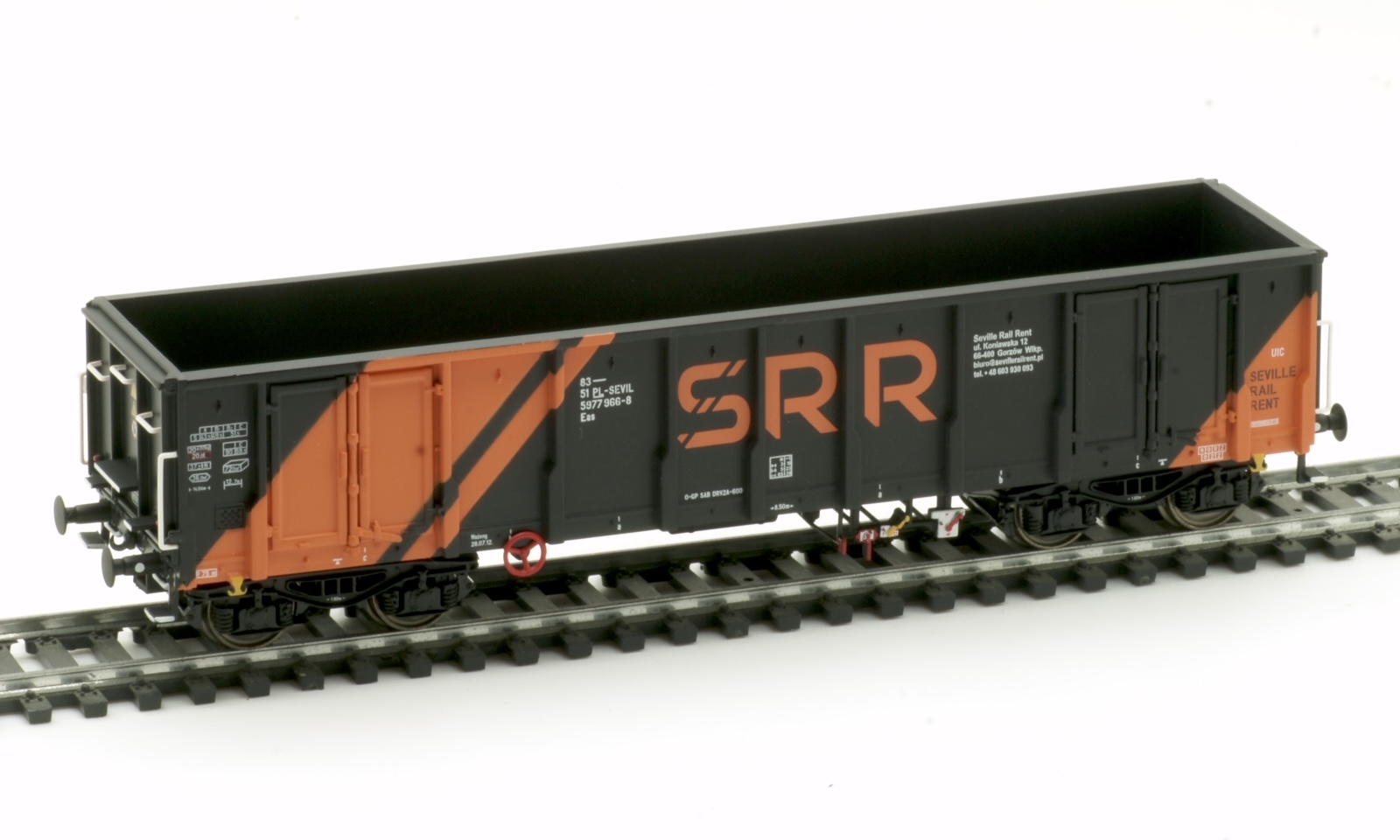 SRR Eas Hochbordwagen Ep.6, schwarz/orange, SRR - Seville Rail Rent, UIC