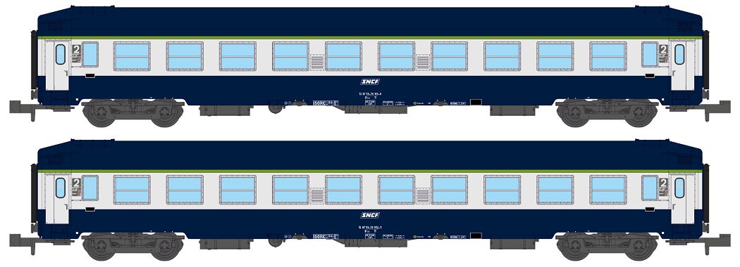 N SNCF 2x LiegeWagen UIC Ep4 Liegewagen, 2. Klasse, Type UIC Couchettes, Gattung B9c9x, mit hohem Dach, weißes SNCF Kasten-Logo, blau livrée "TEN"