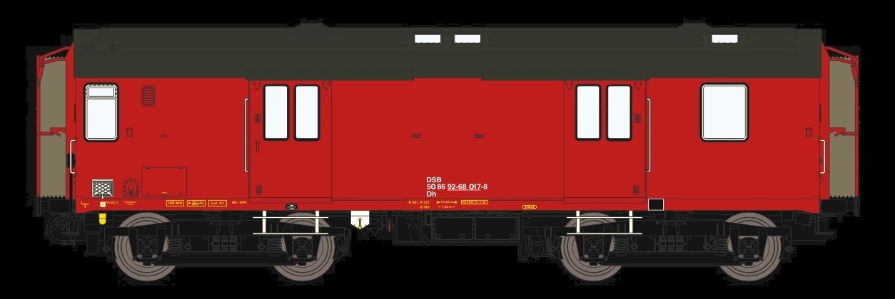 DSB Dh Gepäckwagen Ep.4 rot, Betr.-Nr.: 50 86 92-68 017-8, DSB-Schriftzug, Serie