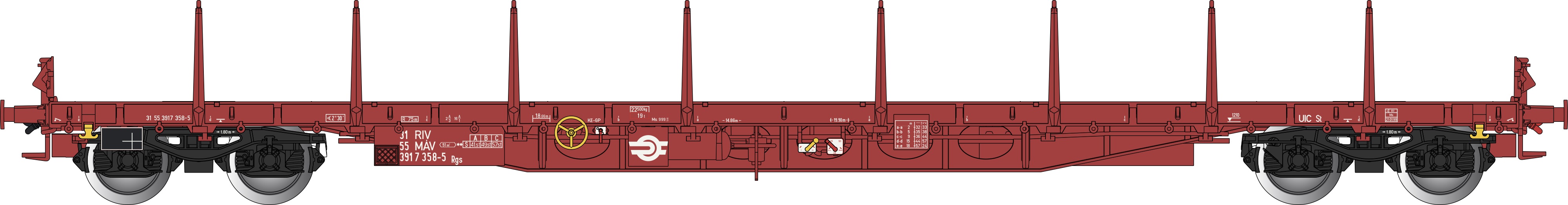 MAV Rungenwagen rotbraun Ep.5 4-achsig, Gattung Rgs, RIV, UIC