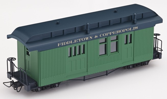 US F&C 4-achs Gepäckwagen H0e 9mm, grün/schwarz, mit Aufschrift Fiddletown & Co