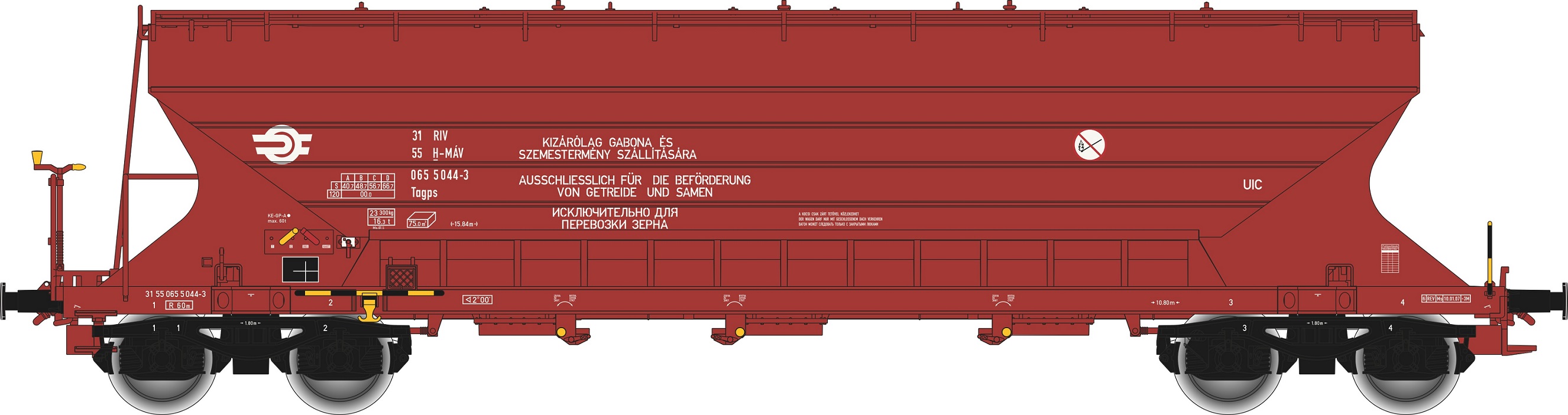 H-MAV Getreide-Wagen rot Ep6 4-achsig, Gattung Tagps, rotbraun, RIV / UIC, Betr.