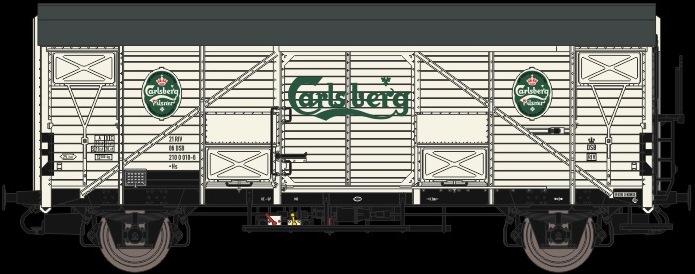 DSB ged GüterWg Hs weiß Ep4 grüne CARLSBERG-Aufschrift+Logo,RIV,UIC Betr-Nr: 21