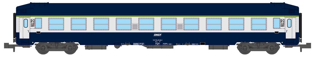 N SNCF LiegeWg UIC TEN Ep4 Liegewagen, 2. Klasse, Type UIC Couchettes, Gattung B9c9x, mit hohem Dach, weißes SNCF Kasten-Logo, blau livrée "TEN"