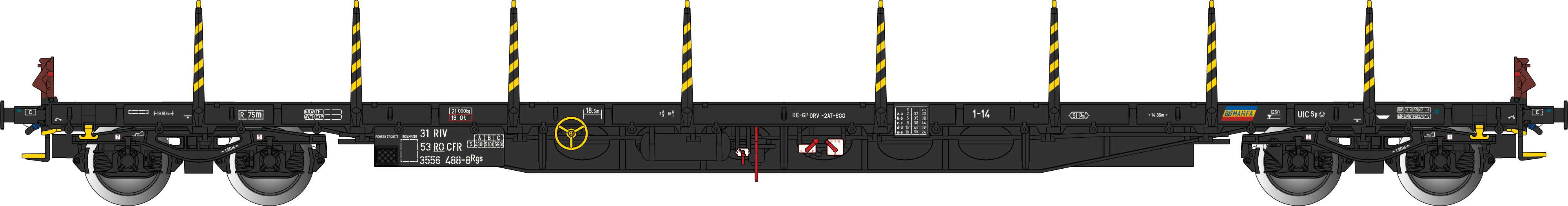 CFR Rungenwagen schwarz Ep.6 "MARFA", 4-achsig, Gattung Rgs, RIV, UIC